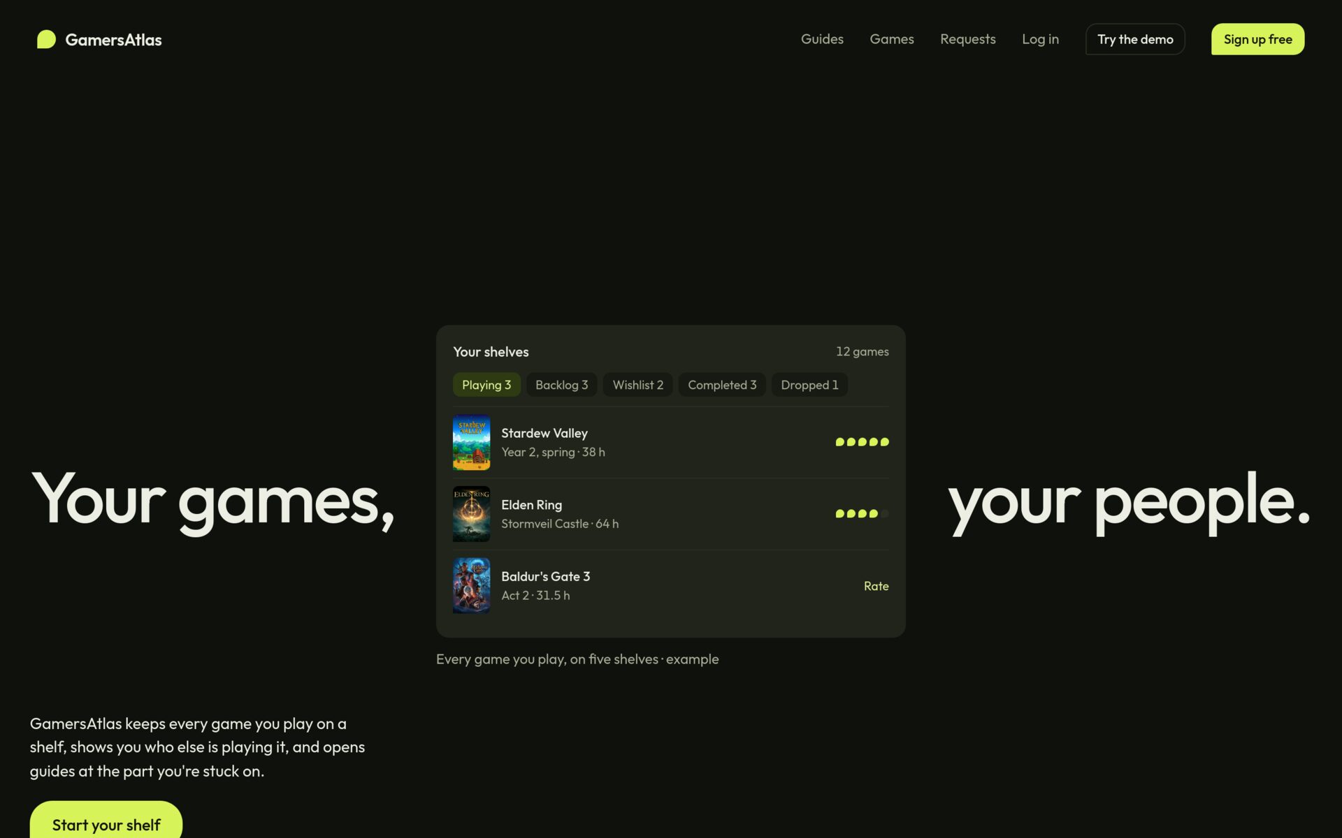 GamersAtlas home page: 'Your games, your people.' around a shelf of games being played