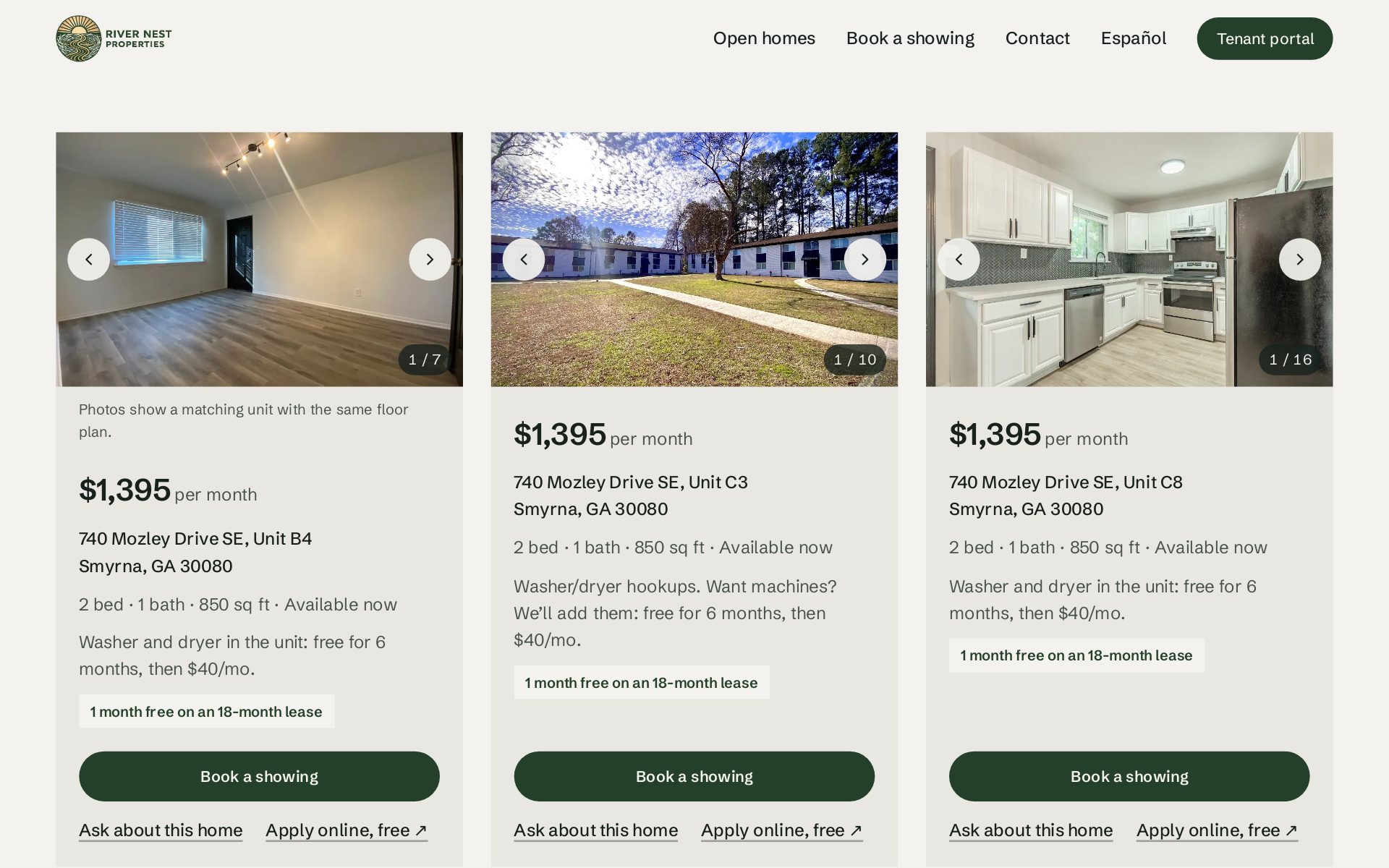 River Nest Properties open homes: three listing cards with photos, monthly rent, unit address, and Book a showing buttons